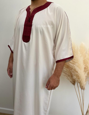 Abaya blanche et bordeaux - Réf : 4007